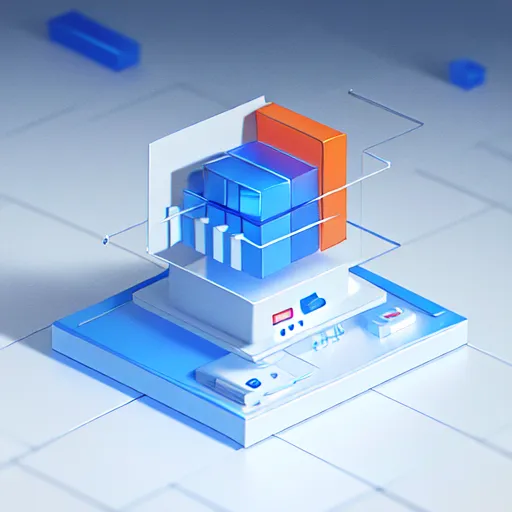 This is a 3D rendering of a data center. There is a large server in the center of the image. It is blue and has a glowing orange core. There are also several smaller servers and storage devices around it. The servers are all connected by cables. There is a blue floor and a white background.