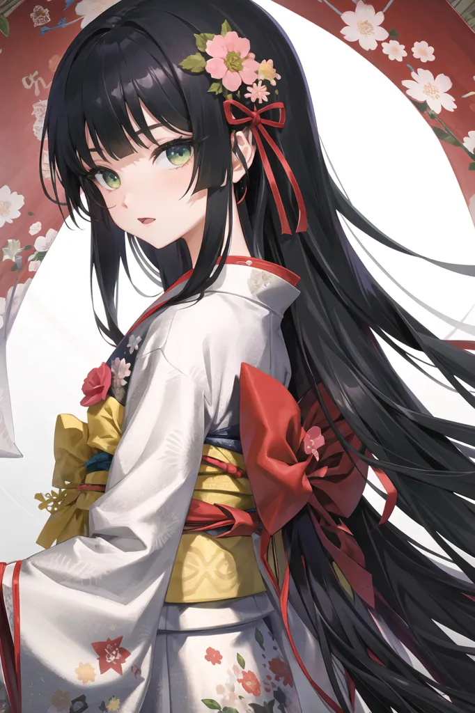 The picture shows a young woman in a kimono. She has long black hair and green eyes. There are pink and white flowers in her hair. She is wearing a white kimono with a red and gold obi. There are also pink and white flowers on the kimono. The background is a pale pink.