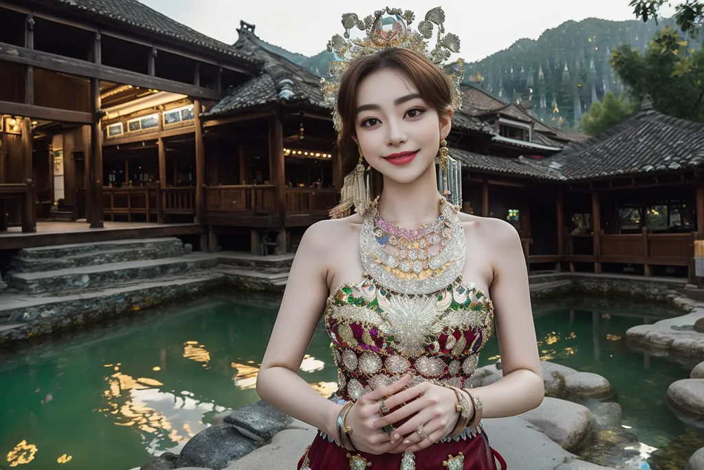 A imagem mostra uma jovem mulher vestida com roupas tradicionais chinesas em pé em um pátio. Ela está usando um vestido vermelho e dourado com um colar longo e um grande adereço de cabeça. O pátio tem uma piscina de água e um edifício tradicional chinês ao fundo.