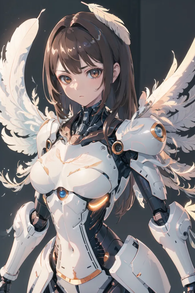 Esta é uma ilustração em estilo anime de uma jovem que parece ser um ciborgue. Ela tem cabelos castanhos e olhos laranja. Ela está usando um traje blindado branco e dourado com uma esfera azul no centro. Ela tem asas de anjo feitas de penas brancas saindo de suas costas.