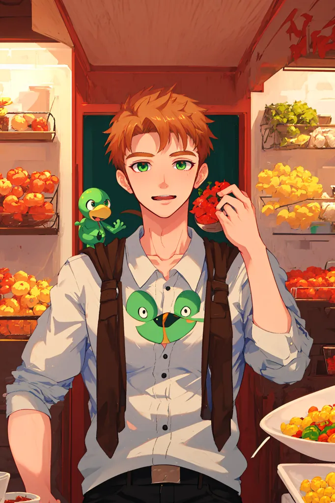 This is an image of a young man standing in a grocery store. He has short brown hair and green eyes. He is wearing a white shirt, brown vest, and dark green tie. He has a green creature on his shoulder and one on his shirt. The creature on his shoulder is holding a small red fruit in its beak. The man is smiling and holding a green apple in his hand. There are shelves of fruits and vegetables in the background.