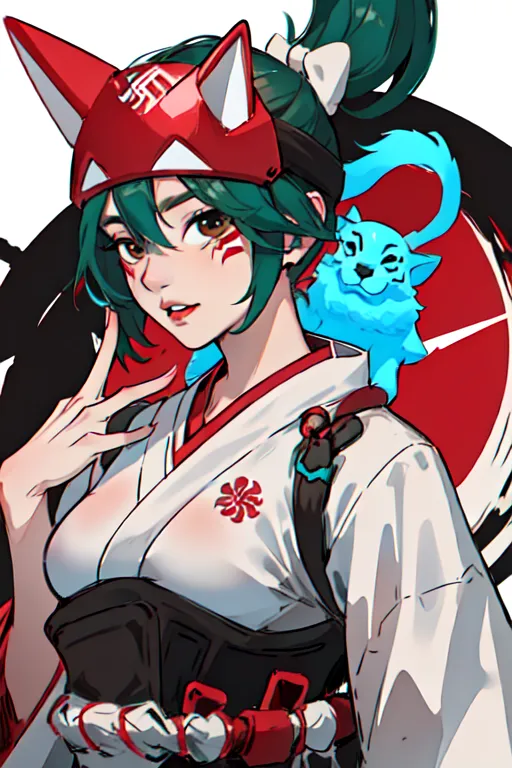 The picture shows a young woman with green hair and fox ears. She is wearing a red and white kimono and has a blue Kitsune mask on her head. She has a fox spirit on her shoulder. The woman is smiling and has her hand on her hip. She is standing in front of a white background.