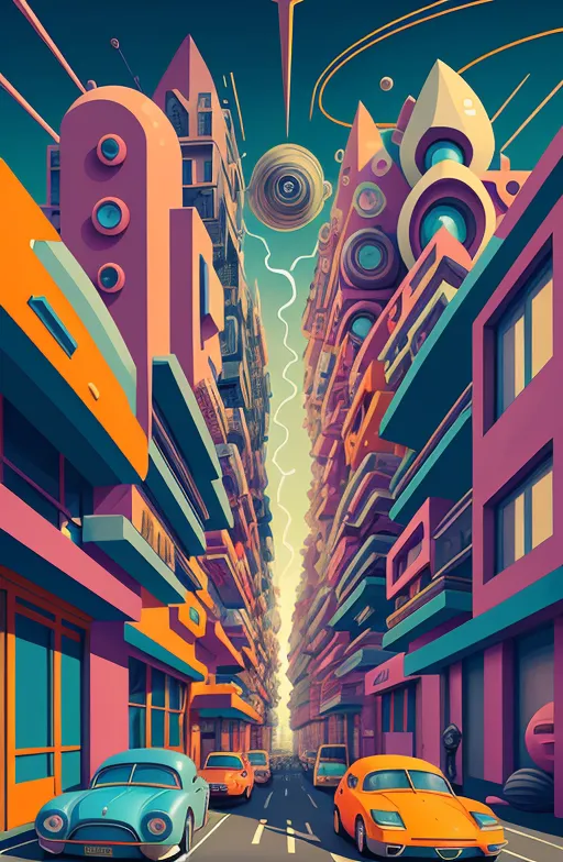 The image is a colorful illustration of a city street. The buildings are tall and brightly colored, and the street is lined with cars. There are also a number of strange and wonderful objects in the image, such as a flying saucer, a robot, and a giant eyeball. The image is full of energy and excitement, and it captures the feeling of a bustling city.