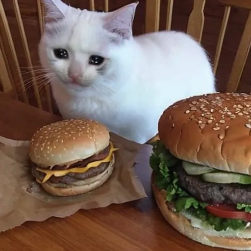 A white cat is sitting on a table, looking at two hamburgers. The cat has tears in its eyes, and it appears to be very sad. One of the hamburgers is wrapped, while the other is not.