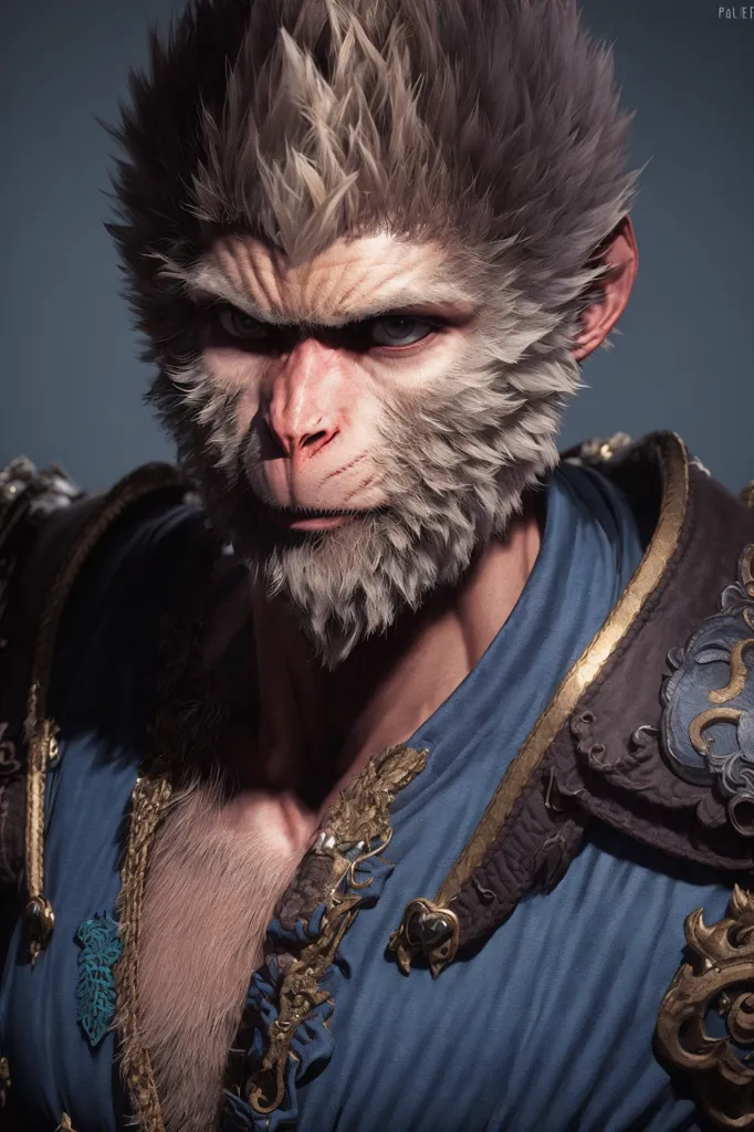 The image is a 3D rendering of a monkey king. He has grey fur, red eyes, and a golden crown. He is wearing a blue and gold robe, and has a muscular build. The background is a dark blue gradient.