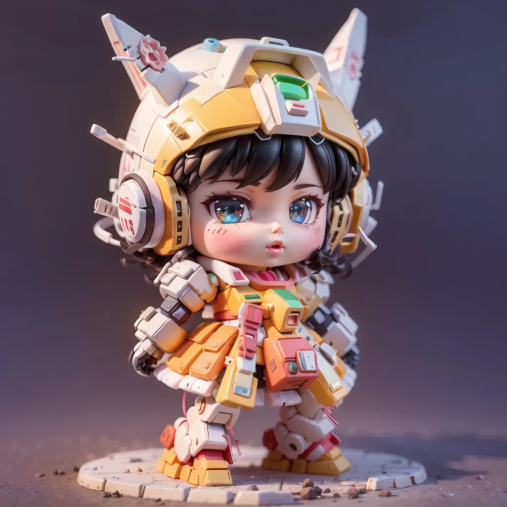 The image shows a small girl in a yellow and white mech suit. The mech suit has rabbit ears and a flower on the left ear. The girl has brown hair and blue eyes. She is wearing a yellow and white dress. The mech suit is armed with two guns. The girl is standing on a gray platform. The background is a dark gray color.