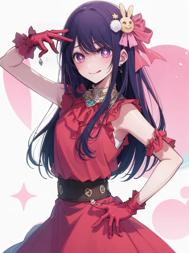 The image is of a young woman with long purple hair and purple eyes. She is wearing a red dress with a white collar and a pink bow in her hair. She is also wearing red gloves and a necklace with a blue gem in the center. She has a playful expression on her face and is winking at the viewer. The background is white with pink and purple accents.