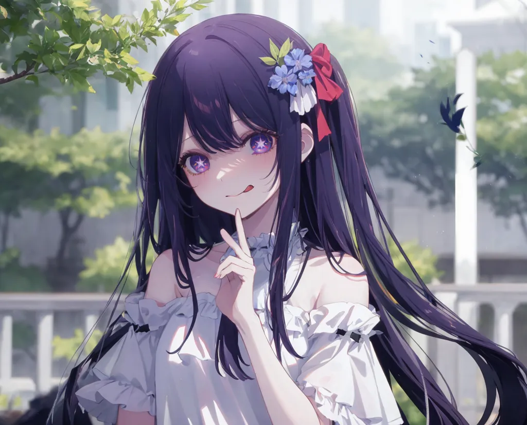 The image shows a young girl with purple hair and purple eyes. She is wearing a white dress with off-the-shoulder sleeves. There is a blue and white ribbon in her hair. She has a finger pressed to her lips and is looking at the viewer with a slight smile on her face. There are green leaves and a blurred background with a building and trees.