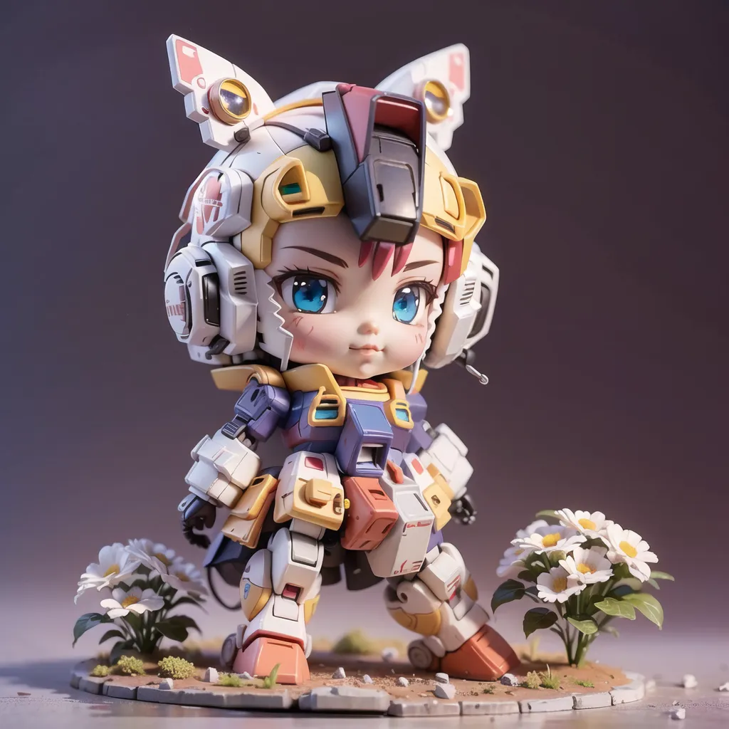 This is an image of a cute anime girl with cat ears and a yellow and white mech suit. She is standing on a small patch of grass with some white flowers. The background is a dark grey.