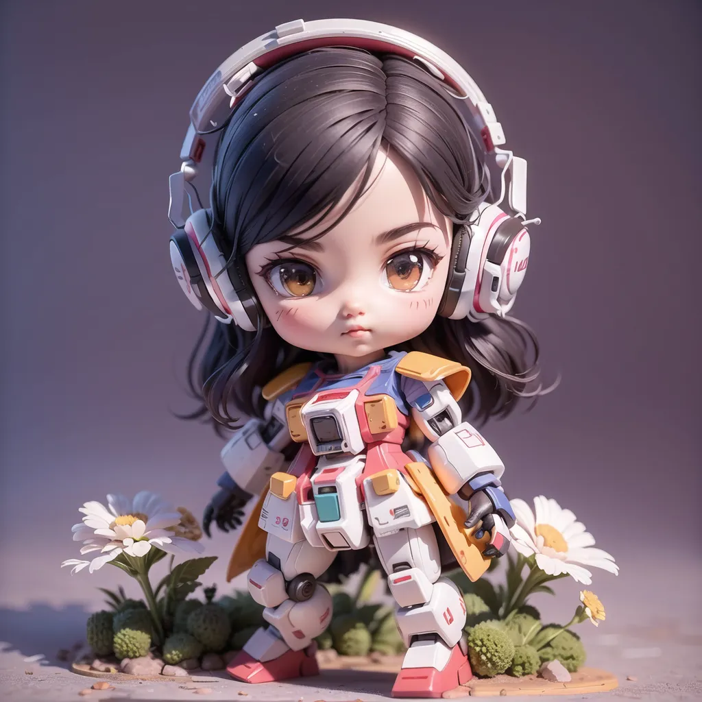 This image shows a chibi-style anime girl with brown hair and brown eyes. She is wearing a white and red mech suit with a yellow visor and headphones. She is standing in a field of white flowers. The background is a gradient of light gray to dark gray.