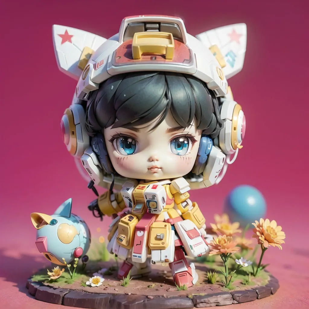 This is an image of a figurine of a girl in a mech suit. She has black hair and blue eyes, and she is wearing a white and yellow mech suit with cat ears. She is also wearing a pair of headphones. The figurine is standing on a small patch of grass, and there are some flowers and a small blue ball next to her. The background is pink.