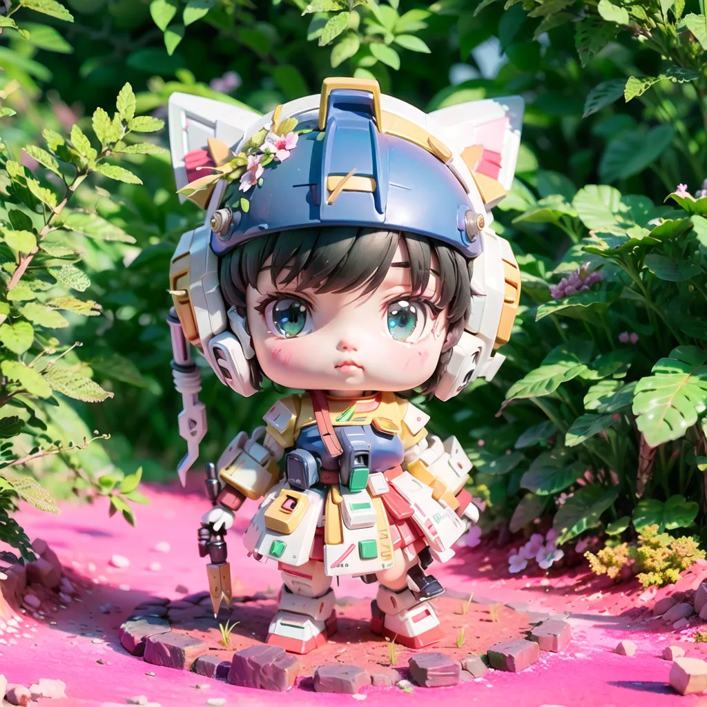 The image shows an anime-style illustration of a chibi girl in a mech suit. She has brown hair, blue eyes, and cat ears. She is wearing a white and pink mech suit with a blue visor. The mech suit has cat ears and a tail. The girl is standing in a field of flowers. There are green plants and pink flowers all around her. The background is a blur of green and pink. The image is cute and colorful.