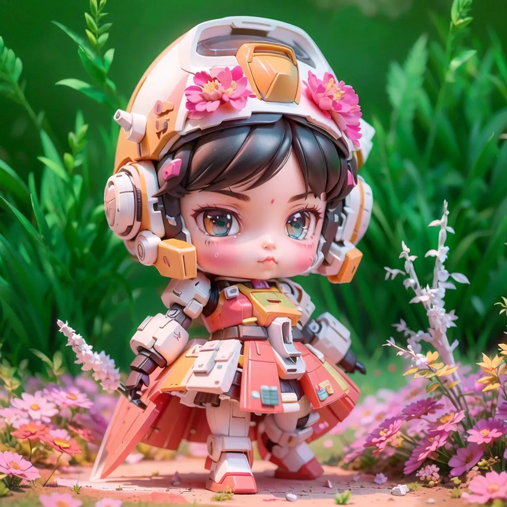 This image shows an anime-style illustration of a chibi girl in a mech suit. She has brown hair and pink eyes, and is wearing a white and orange mech suit with a pink skirt. The mech suit is decorated with pink flowers. She is standing in a field of flowers, and there are green plants and flowers in the background.