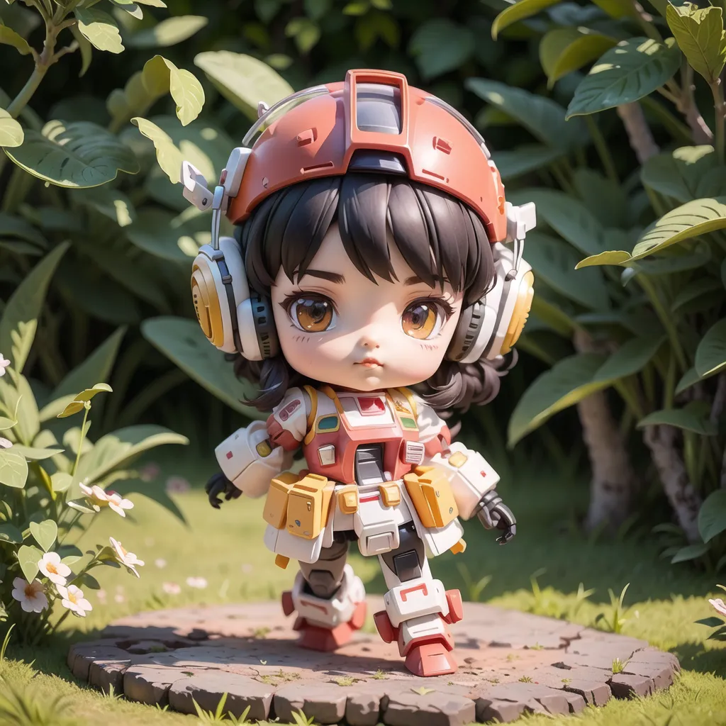 The image shows an anime-style illustration of a chibi girl in a mech suit. She has brown hair, orange eyes, and is wearing a red and white helmet with headphones. She is also wearing a white jumpsuit with orange and yellow accents and a pair of black boots. She is standing on a small patch of grass, surrounded by green leaves and white flowers. The background is blurred, but it looks like there are trees in the distance.