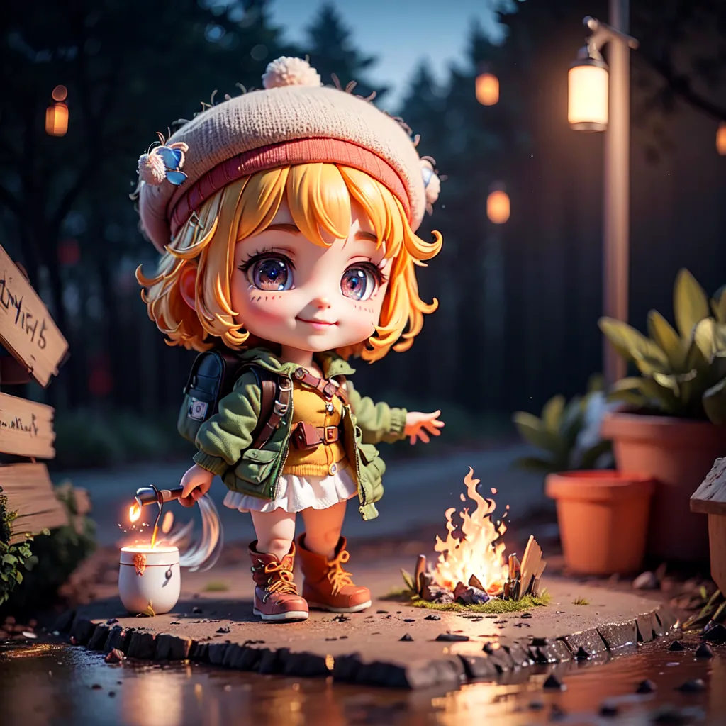 The image shows a 3D rendering of a chibi girl in a forest setting. She is wearing a green jacket, a white shirt, and a brown beret. She has a backpack on her back and is holding a lit torch in her right hand. There is a campfire in front of her and a lantern on the ground to her right. The background is a blurred forest with a few trees and lanterns in the distance. The overall color tone of the image is warm and inviting.