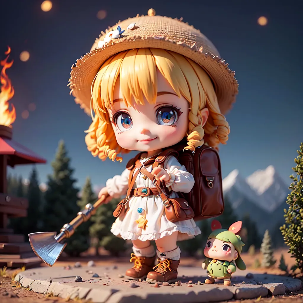 The image shows a little girl in a white dress and a straw hat. She has a backpack on her back and is carrying a shovel. She is standing in a forest, and there is a small green creature standing next to her. The girl has blond hair and blue eyes, and she is smiling. The background of the image is a mountain range, and there is a fire burning in the distance.