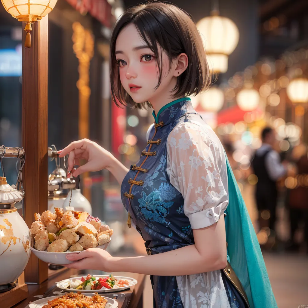 This is an image of a young woman standing in a restaurant. She has short black hair and is wearing a blue cheongsam-style dress with white lace sleeves. She is holding a plate of food with chopsticks in her right hand and is looking at the food. There are other plates of food on the table. The background is blurred and there are people walking around.