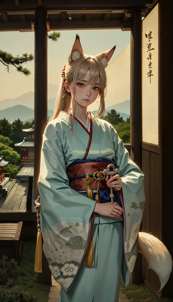 The image is of a young woman with long blonde hair and fox ears. She is wearing a traditional Japanese kimono with a green outer layer and white inner layer. The kimono has a floral pattern and is tied with a red and white sash. She is also wearing a white haori with a blue and white checkered pattern. The woman is standing in a traditional Japanese house with wooden floors and walls. There is a large sliding door behind her that is open. The woman is looking at the viewer with a serious expression.