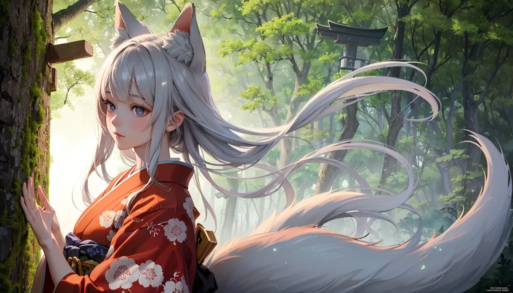 The image is a beautiful anime-style drawing of a young woman with white hair and fox ears. She is wearing a red kimono with white and pink flowers. She is standing in a forest, leaning against a tree. There is a small shrine in the background. The sun is shining through the trees. The image is very detailed and realistic.