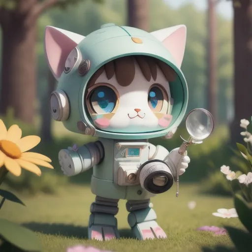 The image shows a cartoon cat wearing a spacesuit with a clear bubble helmet. The cat is standing on a grassy field, surrounded by green grass and flowers. The cat is holding a magnifying glass in its right hand. The cat is looking at the magnifying glass. The cat is smiling.