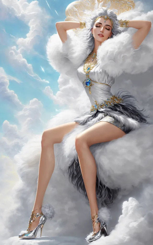 Cette image montre une belle femme aux longs cheveux blancs et aux yeux bleus. Elle porte une robe blanche et argent avec un châle en fourrure. Elle est assise sur un nuage et a les yeux fermés. Elle porte un collier et des boucles d'oreilles. Ses jambes sont croisées et elle porte des talons hauts argentés. L'arrière-plan est un ciel bleu avec des nuages blancs.