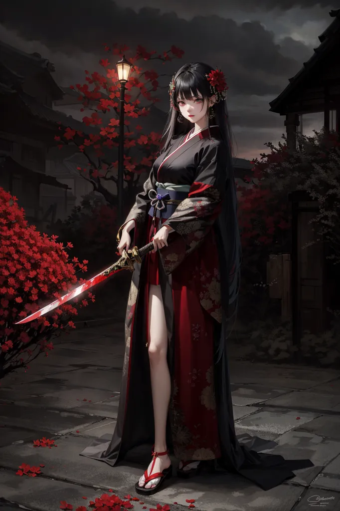 Gambar ini menampilkan seorang wanita muda yang cantik mengenakan kimono hitam dan merah. Dia berdiri di gang gelap, dengan lentera merah di latar belakang. Wanita itu memegang pedang samurai, dan dia memiliki ekspresi yang penuh tekad di wajahnya. Dia kemungkinan besar seorang pejuang yang terampil, dan dia siap untuk melawan siapa pun yang mengancam dirinya.