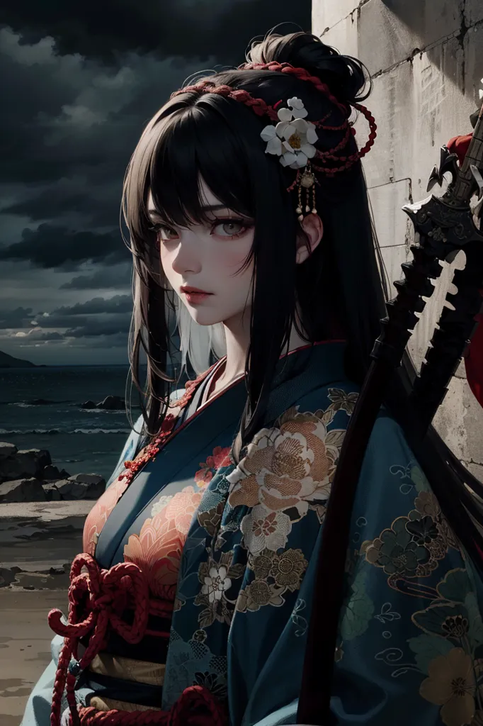 The image is of a young woman standing on a rocky shore. She is wearing a traditional Japanese kimono with a floral pattern and a red obi sash. Her long black hair is tied up in a bun and she has a white flower in her hair. She is also wearing a sword. The background is a dark, stormy sky with a rough sea.