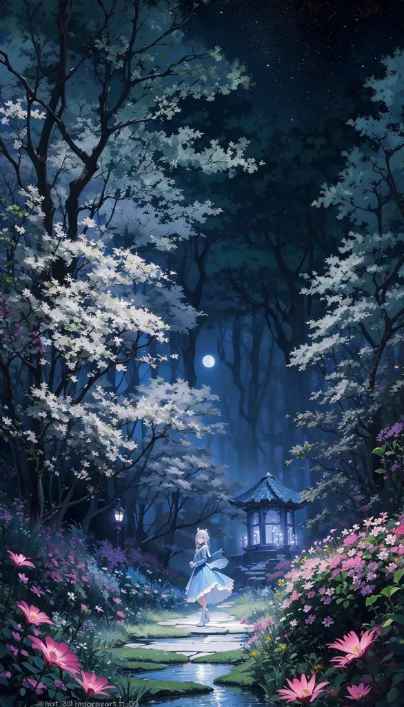 The image is a beautiful anime landscape. It shows a path leading through a forest. The trees are tall and the leaves are a deep green. The path is lined with flowers of various colors. There is a small shrine at the end of the path. A girl with long white hair and a blue dress is walking towards the shrine. The moon is shining brightly in the sky.