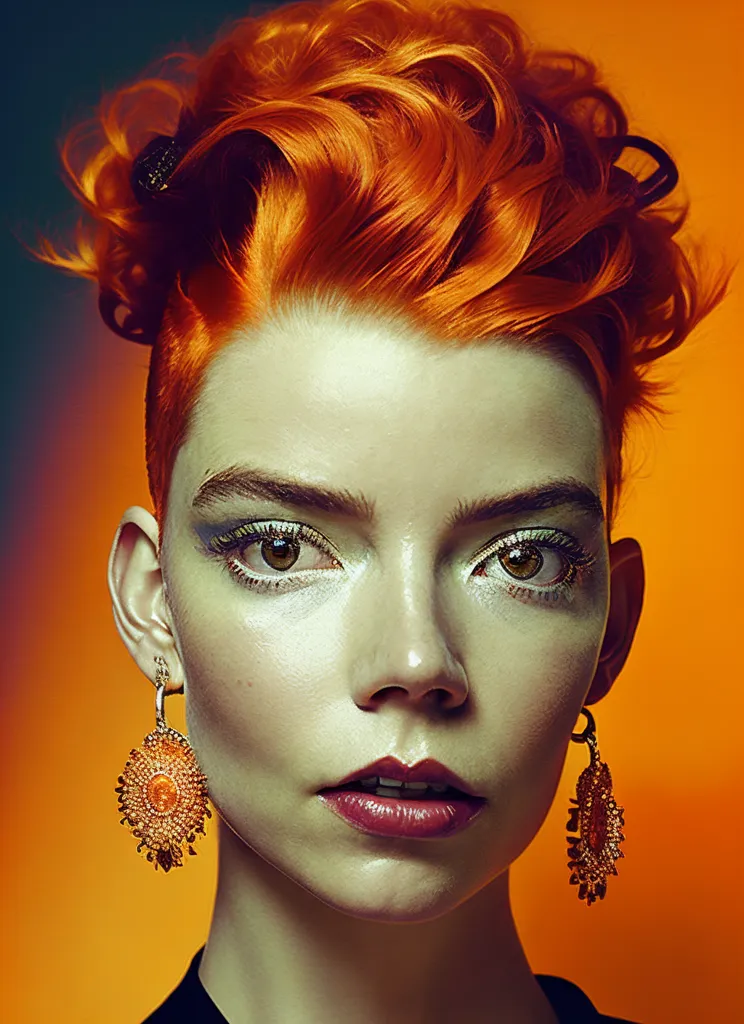 L'image montre une jeune femme aux cheveux rouges courts. Elle porte des boucles d'oreilles orange et a du maquillage. L'arrière-plan est orange et un projecteur éclaire son visage.