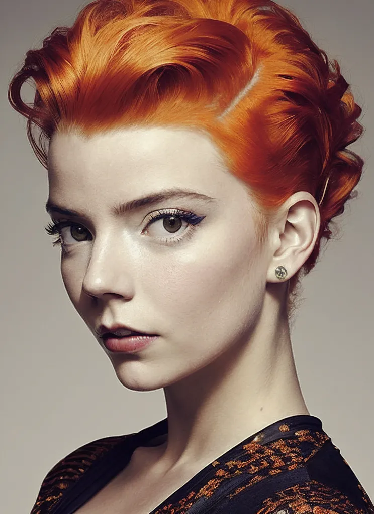 La imagen muestra a una mujer joven con el cabello corto y de un naranja brillante. Tiene ojos verdes y lleva delineador oscuro. Sus labios están ligeramente entreabiertos y mira a la cámara con una expresión seria. Lleva un vestido negro con un cuello blanco. El fondo es de un gris claro.