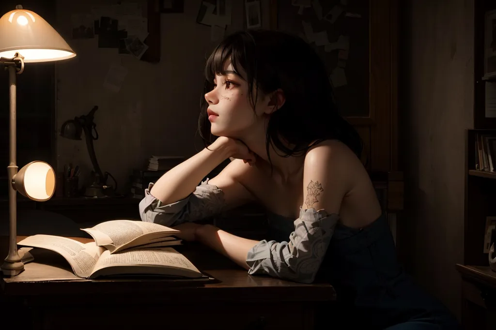 The image is a painting of a young woman sitting at a desk, reading a book. She has long, dark hair and light skin. She is wearing a blue off-the-shoulder dress. The desk is made of wood and is covered in books and papers. There is a lamp on the desk. The woman is sitting with her chin resting on her hand and is looking off to the side in thought. The background of the image is dark and shadowy.