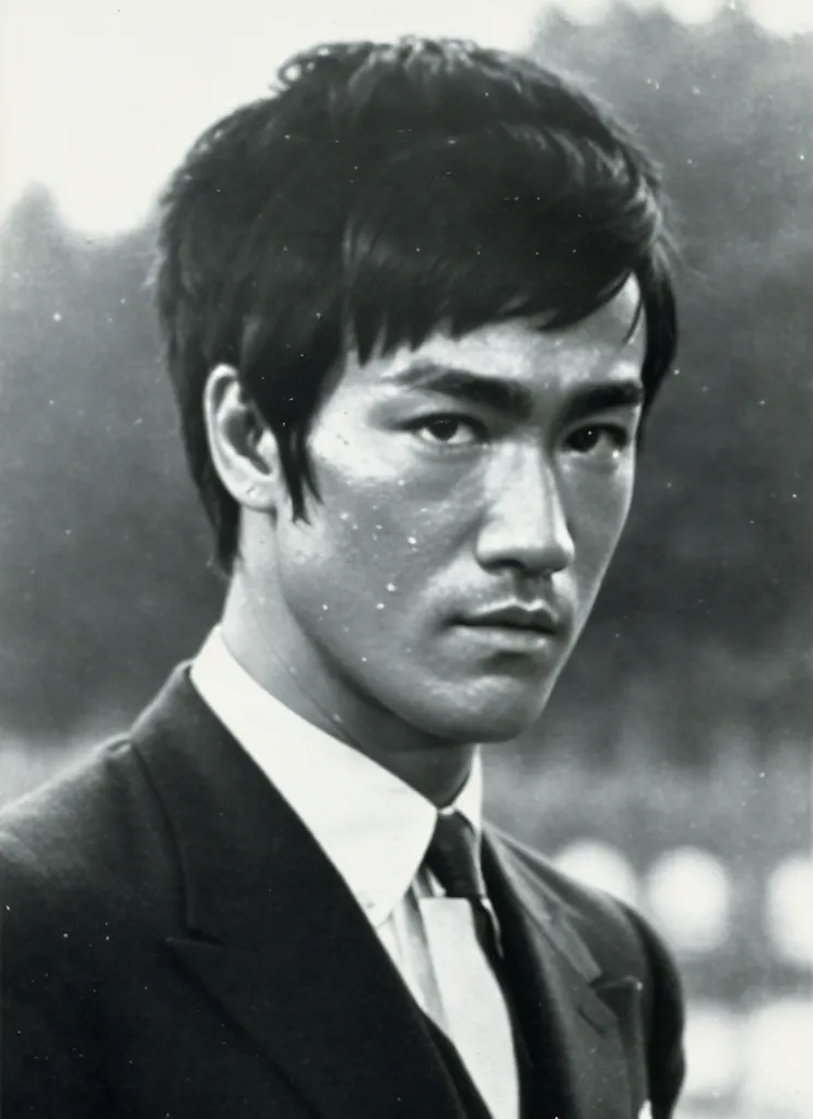 A black and white headshot of Bruce Lee. He is wearing a suit and tie, and has a serious expression on his face. His hair is short and combed to the side.