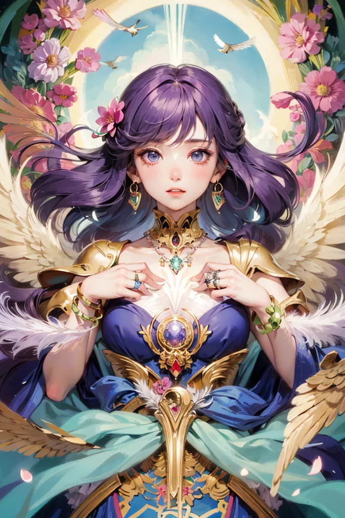 The image is of a beautiful young woman with long purple hair and blue eyes. She is wearing a blue and gold dress with a white cape. She has a necklace with a large blue gem in the center, and there are several rings on her fingers. She is also wearing a pair of gold earrings. The woman is standing in front of a large pink flower, and there are several other flowers in the background. There are also two white doves flying in the background. The image is very detailed, and the artist has used a variety of colors to create a vibrant and eye-catching image.