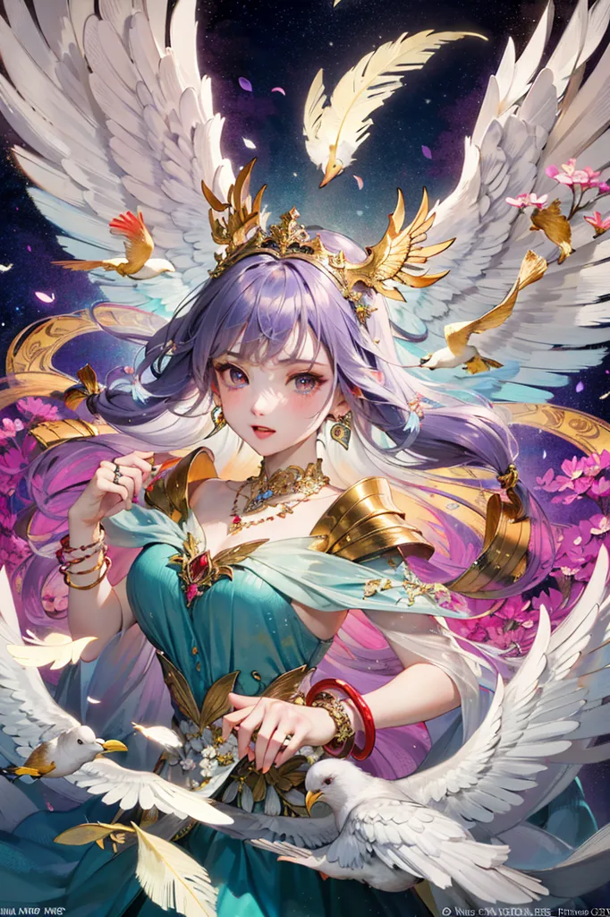 The image is of a beautiful woman with long purple hair and white wings. She is wearing a blue and gold dress and has a gold crown on her head. She is surrounded by white doves and there are pink flowers in the background. The image has a soft, ethereal feel to it.