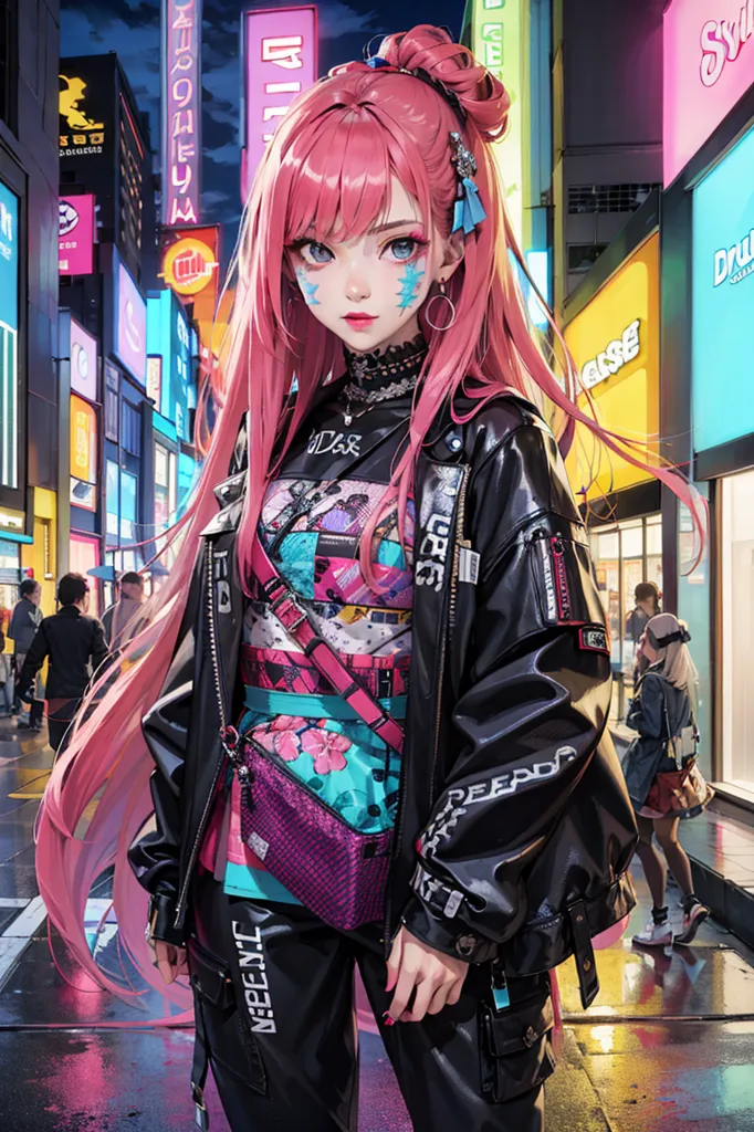 The image is a portrait of a young woman with pink hair, blue eyes, and a black choker. She is wearing a black leather jacket with pink and blue accents, a colorful top, and black pants. She is also wearing a pink handbag. The background is a busy street with people walking around.