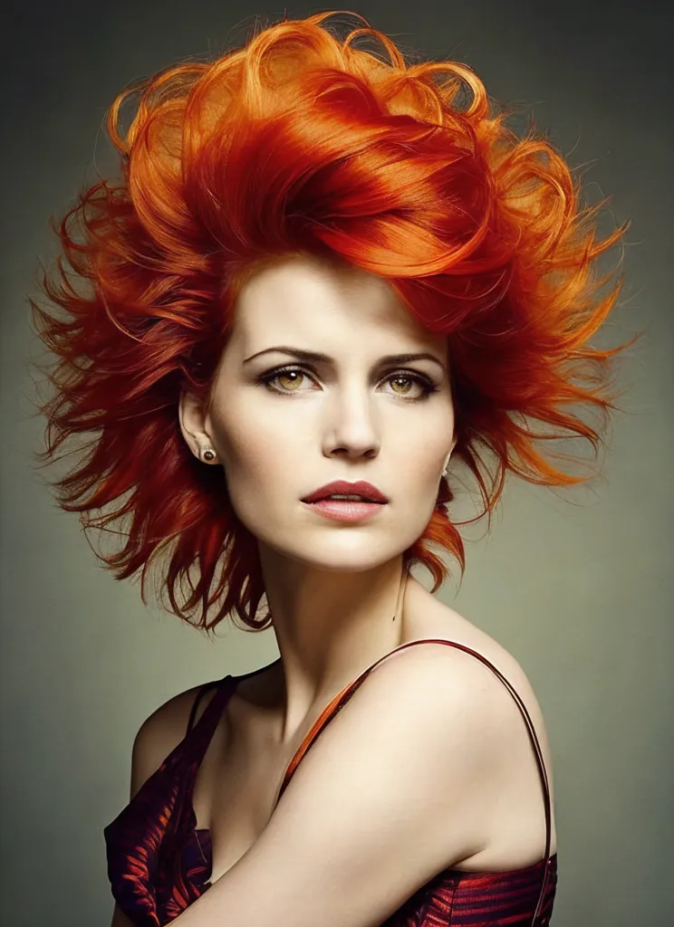 La imagen muestra a una mujer con un peinado inusual. Su cabello es de un naranja brillante y está peinado de una manera que la hace parecer que tiene la melena de un león. Los ojos de la mujer son de un color verde claro y sus labios son de un rosa brillante. Lleva un vestido de color oscuro con un patrón interesante. La mujer tiene una expresión seria en su rostro y mira directamente al espectador.