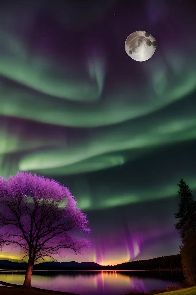 The image is a beautiful landscape of a lake and mountains at night. The sky is dark and filled with vibrant purple and green aurora borealis. A large, bright moon is on the right side of the image, casting its light on the lake and trees. There is a tree in the bottom left corner of the image, its branches reaching out towards the sky. The lake is calm and still, reflecting the colors of the sky. The mountains in the background are dark and silhouetted against the sky. The overall effect of the image is one of beauty and tranquility.