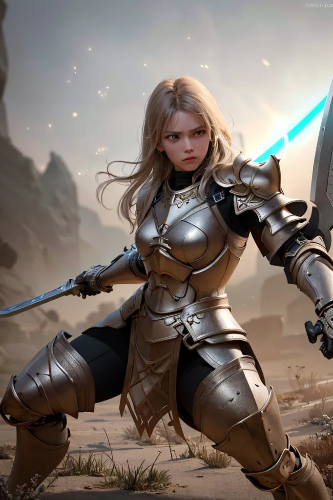 The image is of a female warrior. She is kneeling on the ground, with her right leg forward and her left leg back. Her left hand is holding a sword, and her right hand is holding a shield. She is wearing a metal breastplate and a metal skirt. Her shoulders are covered in metal pauldrons. Her head is turned to the left, and she has a determined expression on her face. She has long blond hair that is blowing in the wind. The background is a blur of brown and gray.