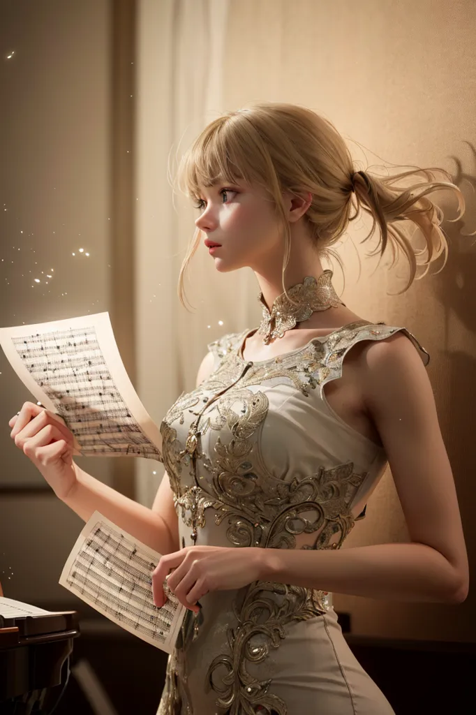 The picture shows a beautiful young woman with long blond hair and blue eyes. She is wearing a white dress with gold and silver details. The dress has a high collar and is sleeveless. The woman is holding a piece of paper with music notes on it. She is looking at the notes with a thoughtful expression on her face. It seems like she is about to play the piano.