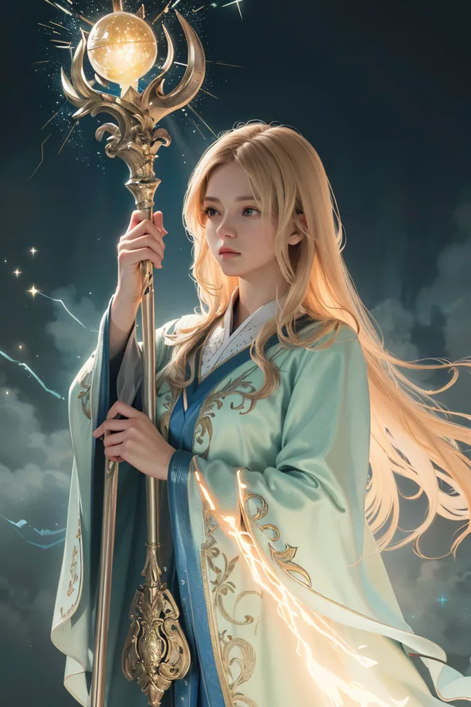 The image shows a beautiful young woman with long blonde hair and blue eyes. She is wearing a white and blue kimono with intricate gold and silver details. She is holding a golden staff with a large glowing orb at the top. The orb is emitting a bright light. The woman is standing in front of a dark blue background with clouds.