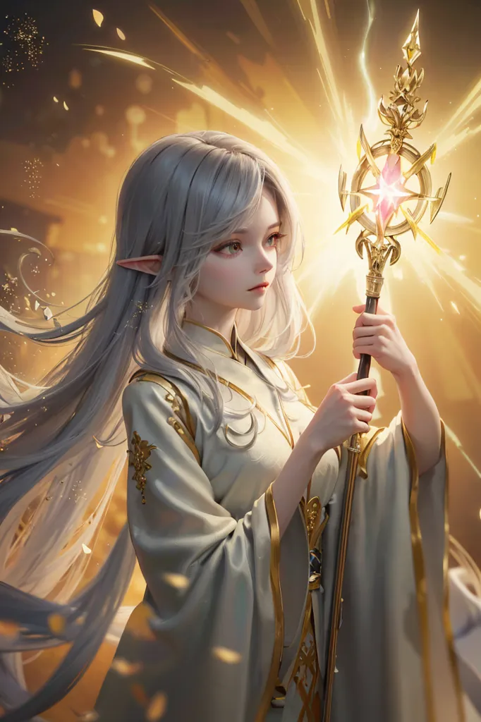 The image shows a beautiful young woman with long silver hair and golden eyes. She is wearing a white dress with gold trim and a gold necklace. She is also wearing a pair of golden earrings and a golden bracelet. She is holding a golden staff in her right hand. She has long, pointy ears and a serene expression on her face. She is standing in a forest, with a bright light shining down on her.