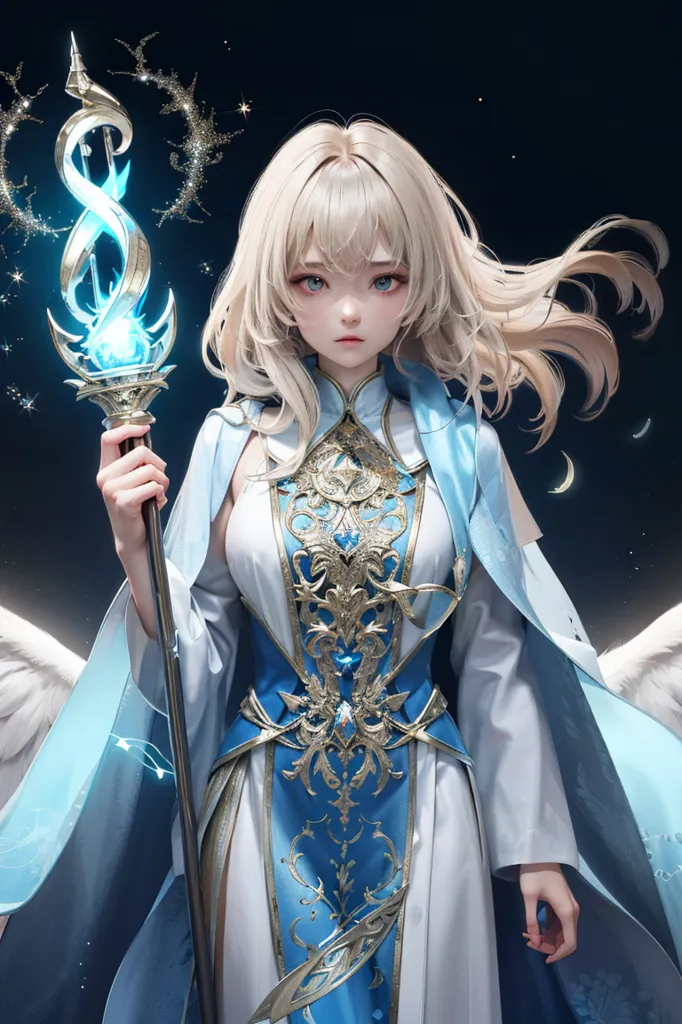 The image is of a beautiful anime girl with long blonde hair and blue eyes. She is wearing a white and blue dress with gold trim. She is also wearing a pair of white wings. She is holding a staff in her right hand. The staff is topped with a blue orb. There are also blue sparkles around her. She is standing in front of a dark blue background.