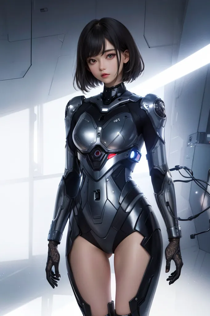 The image depicts a young woman standing in a futuristic setting. She is wearing a black and silver bodysuit with a metallic breastplate and gloves. Her short black hair is styled in a bob with bangs. The background is a blur of white and gray. The woman's expression is serious and determined. She looks like she is ready for a fight.