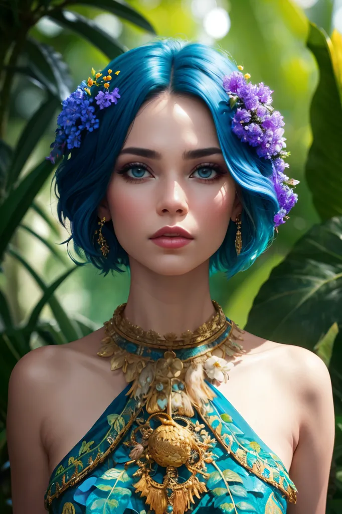 La imagen muestra a una hermosa mujer joven con el cabello azul y ojos azules. Lleva un vestido verde con un collar de oro y un tocado de oro con flores moradas en el cabello. Está de pie en un frondoso bosque verde, y la luz se filtra a través de los árboles. La mujer tiene una expresión serena en su rostro y parece estar en paz con el mundo.