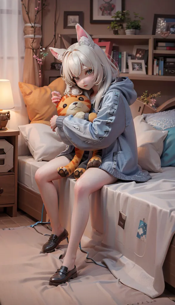 The image shows a young woman with white hair and cat ears sitting on a bed. She is wearing a blue hoodie and black shoes. She is holding a stuffed tiger toy. The bed is messy, with pillows and blankets strewn about. There is a nightstand next to the bed with a lamp on it. There is a window in the background with a curtain.