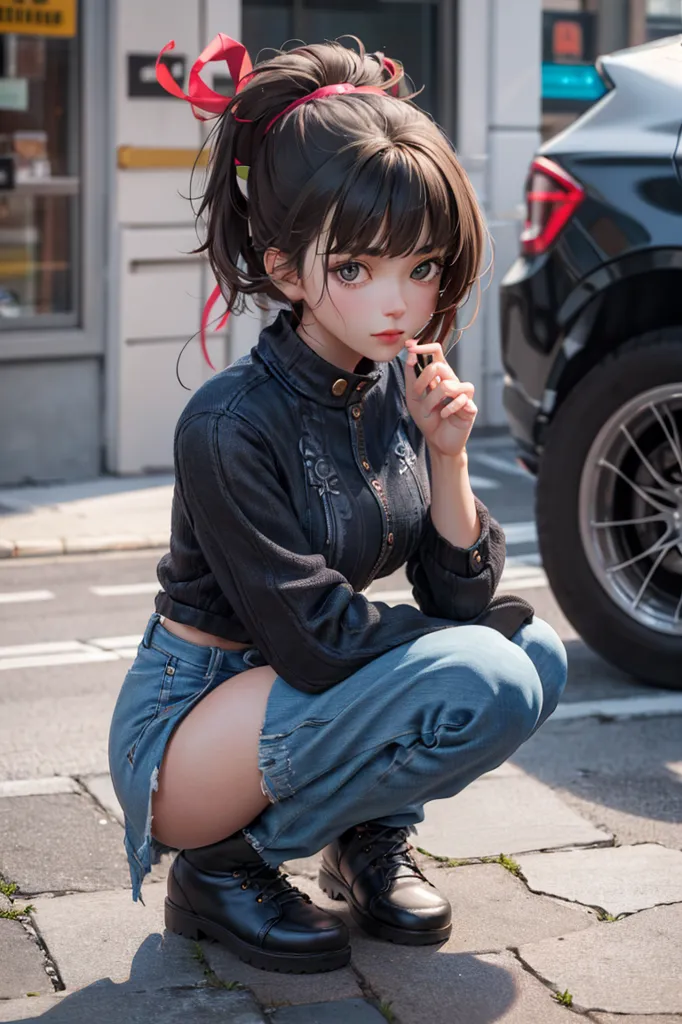 The image shows a young woman crouching on the sidewalk next to a parked car. She is wearing a black cropped denim jacket, a white shirt, and blue jeans with holes in the knees. She has a red ribbon in her hair and is wearing black boots. She is looking at the camera with a pensive expression.