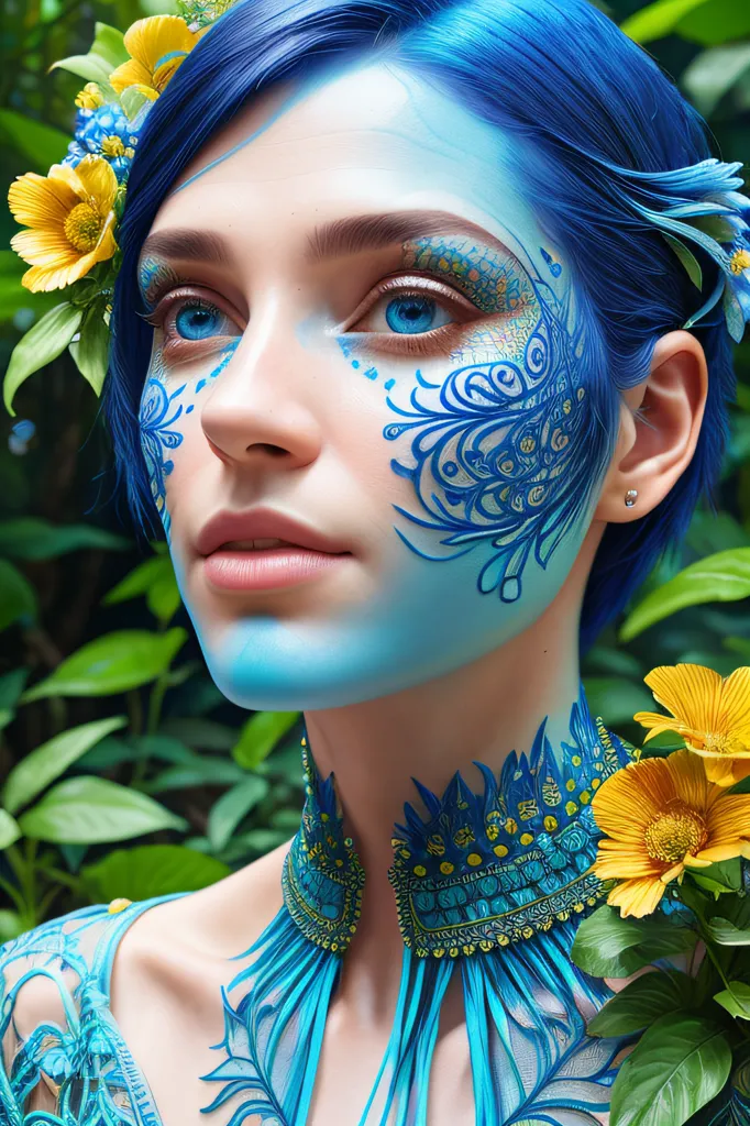 The picture shows a woman with blue skin and hair. Her face is painted with blue and green patterns. She has blue eyes and pink lips. She is wearing a necklace made of yellow flowers and green leaves. There are also yellow flowers in her hair. The background is blurred and green.