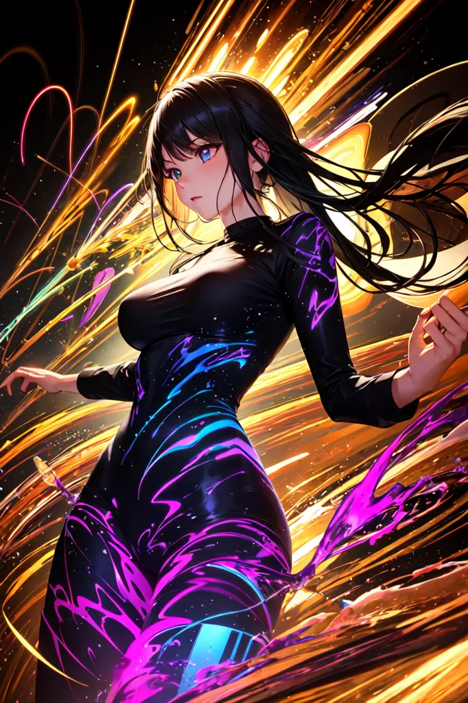 This is an image of a woman in a black bodysuit. The bodysuit has blue and purple accents. The woman has long black hair and blue eyes. She is standing in a dynamic pose, with her arms outstretched. The background is a bright yellow and orange color. There are streaks of blue and purple light in the background. The woman's expression is serious and determined. She looks like she is ready for a fight.