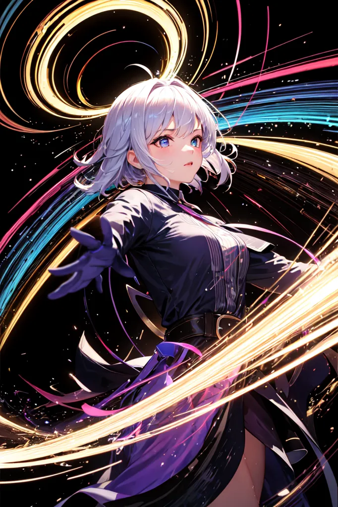 The image is of an anime-style girl with short white hair and blue eyes. She is wearing a dark purple outfit with a white collar and a long purple ribbon at her waist. She is standing in a dark void with her left hand outstretched, and she is surrounded by colorful glowing particles.