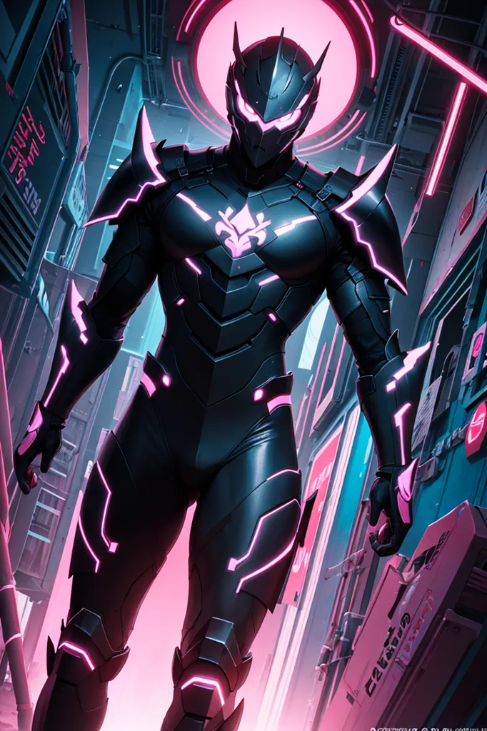 A imagem é de um homem vestindo um traje de armadura futurista preto e roxo. A armadura tem uma luz rosa brilhante no peito, ombros e capacete. O homem está em pé em um beco escuro com uma cidade ao fundo. A cidade é iluminada por luzes de néon.